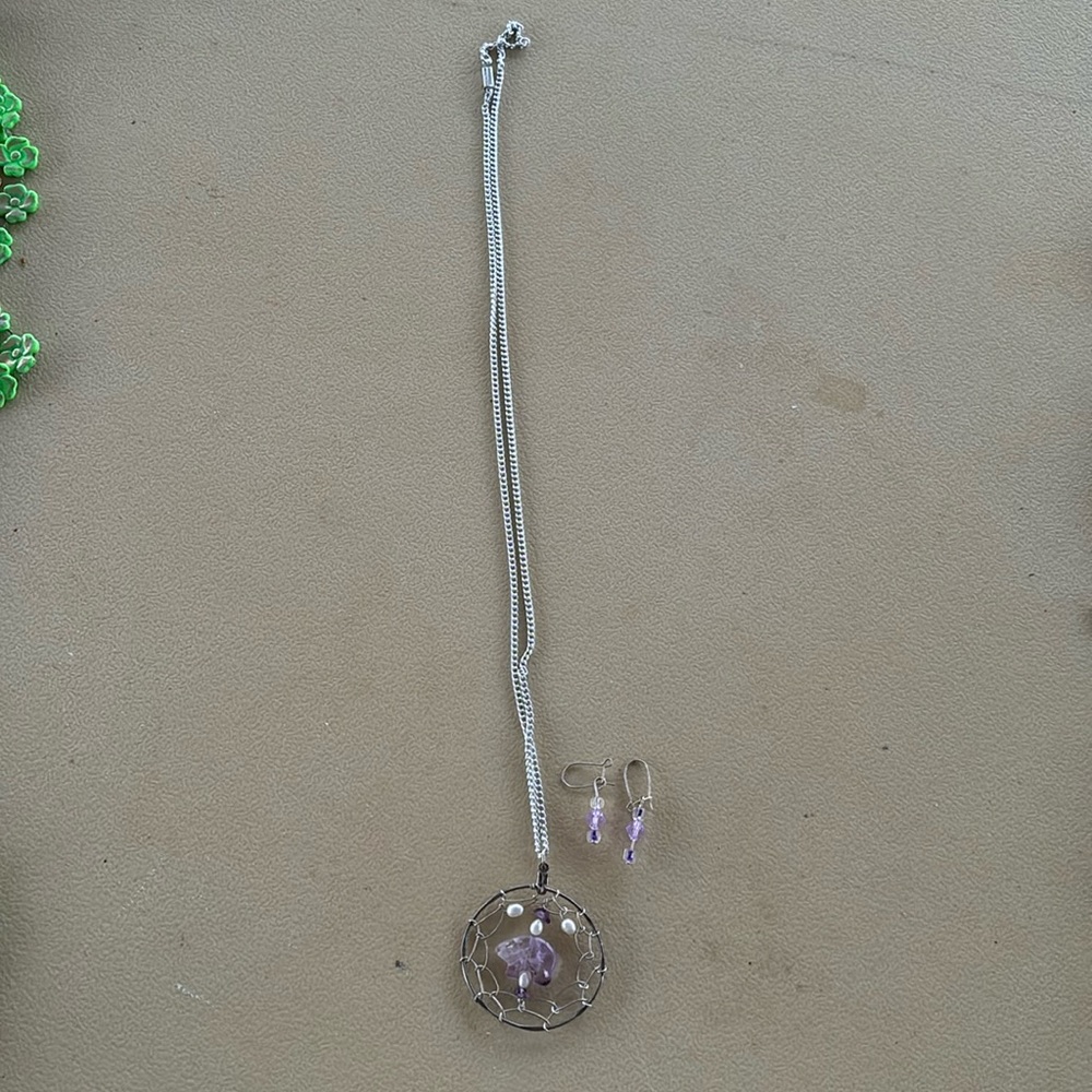Amethyst Crystal Spider Web Beaded Pendant Set